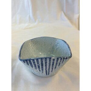 Handcrafted Ceramic Japanese Blue & White Speckled Bowl With Stripe Design